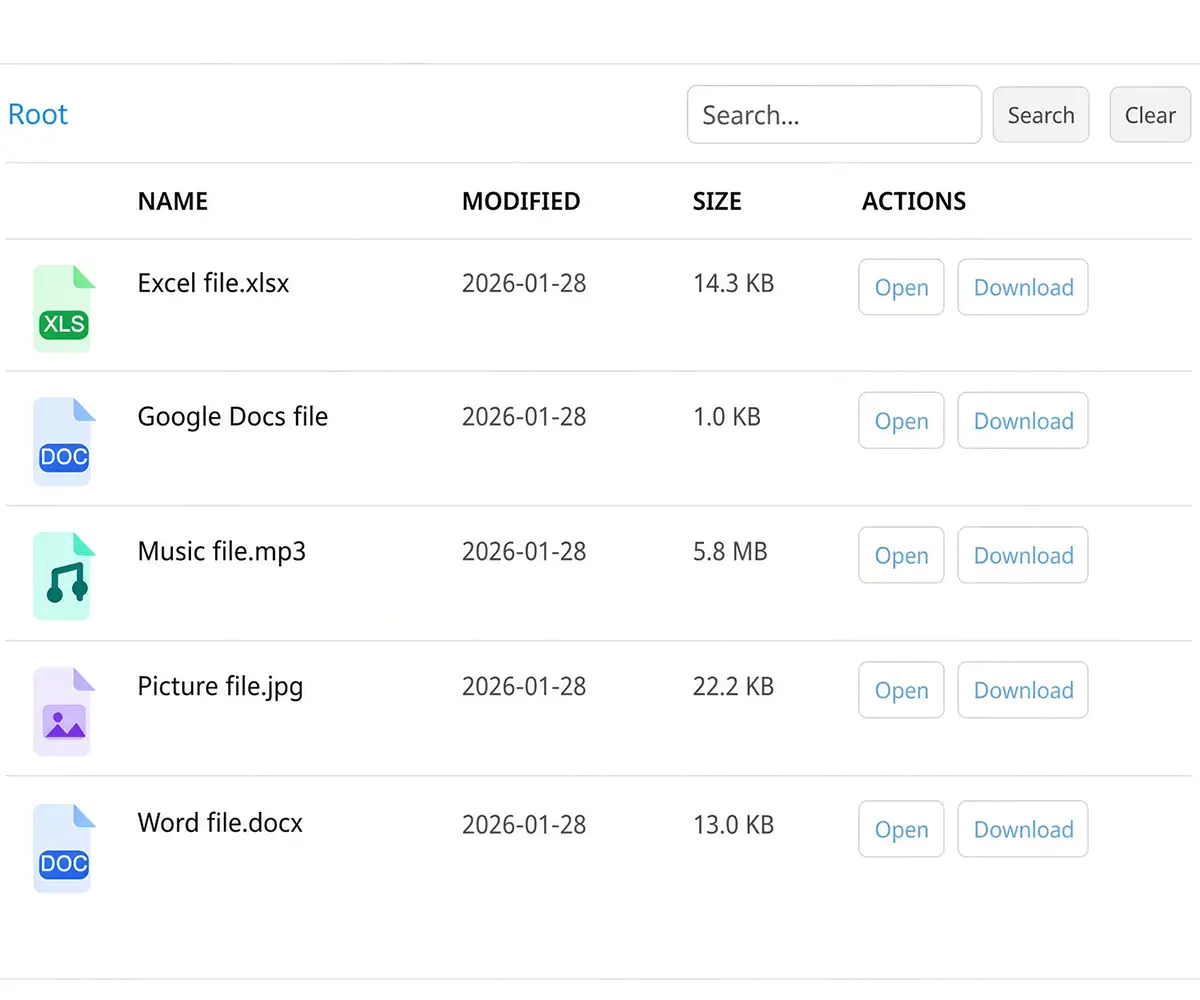 Dokumentbibliotek fra Google Drive vist på en WordPress-side